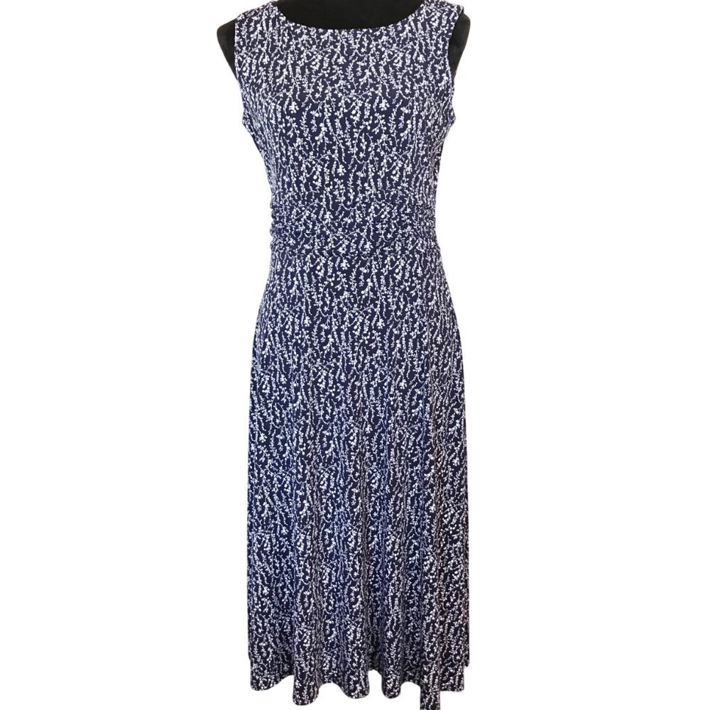 Jessica H. Ruched Waist Sleeveless Dress, Navy White Floral Print, Size 6